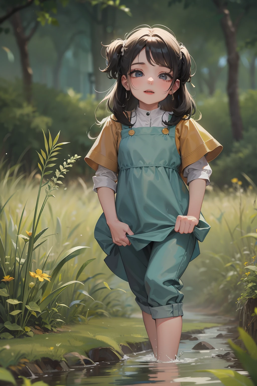 Menina de 5 anos, com cabelo, liso e preto, e olhos brilhantes, vestida com uma roupa camponesa bem simples, on a day with gray skies in the middle of nature, sorrindo, with poses and facial expressions in the style of children's illustrations, de forma simples, fofa e colorida.