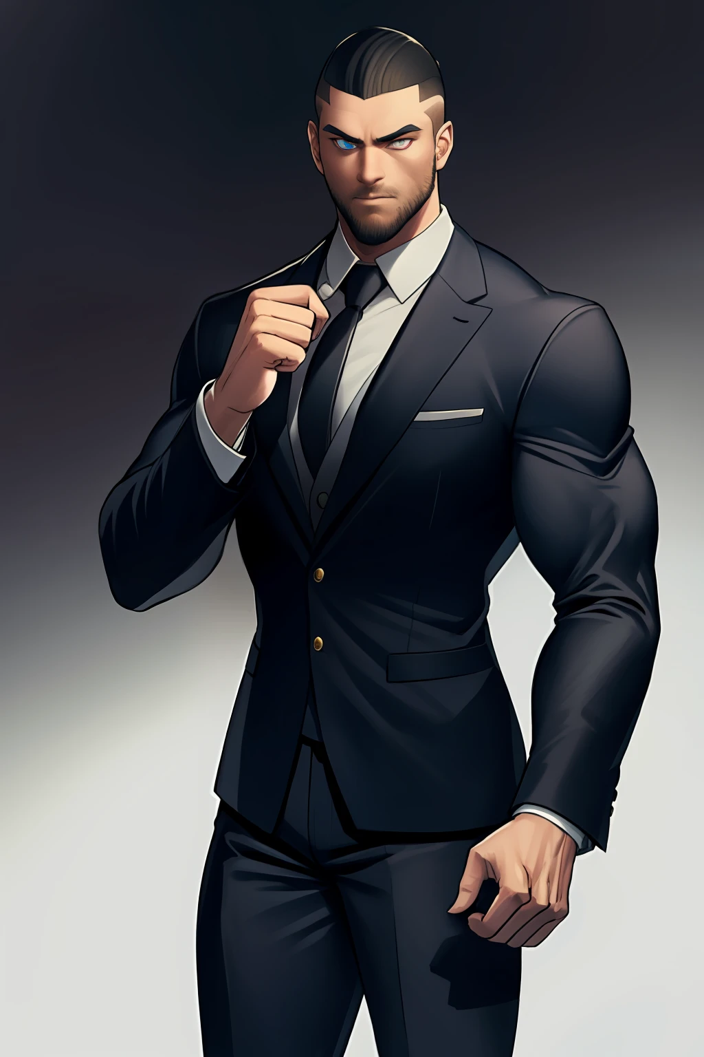 (masterpiece, best quality), 1 male, mature, aged up:1.4, tall muscular guy, broad shoulders, finely detailed eyes and detailed face, best ratio four finger and one thumb, best light and shadow, very short hair, undercut, mercenary, suit, morden urban landscape