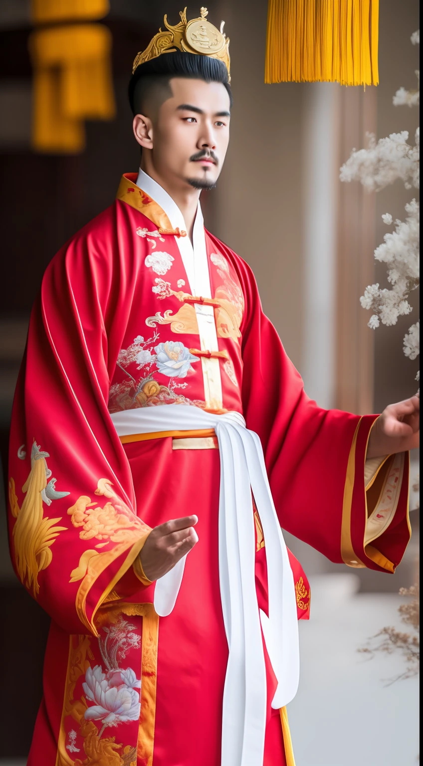 Masterpiece, Highest quality, (solofocus),, (High detail: 1.1),dojo，Red and yellow robes，The male， Man, chinese crown, 1人,and white hair,超高分辨率 , Detailed background, realisticlying, wearing a detailed and intricate xianxia antique outfit