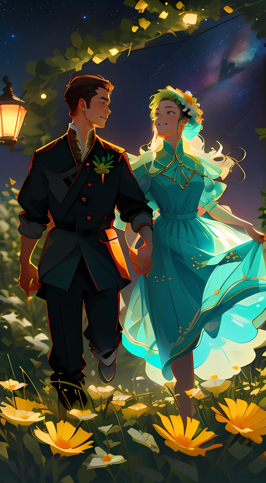tmasterpiece, hiquality, Guy and girl holding hands, Ukrainian symbols, Ukrainian national costumes, Boho style,In transparent, neon garland, night time, neon lights, romance, happiness, Love,Lovers, holiday, Plants, a starry sky, galaxy, Magic reigns around them, Magic, Flowers, fern, Beautiful sunset, merriment, Floral arrangements, wreaths of flowers on the head, woods, Flower glade, willow, willow, willow, 8K, Colorful, full color drawing,