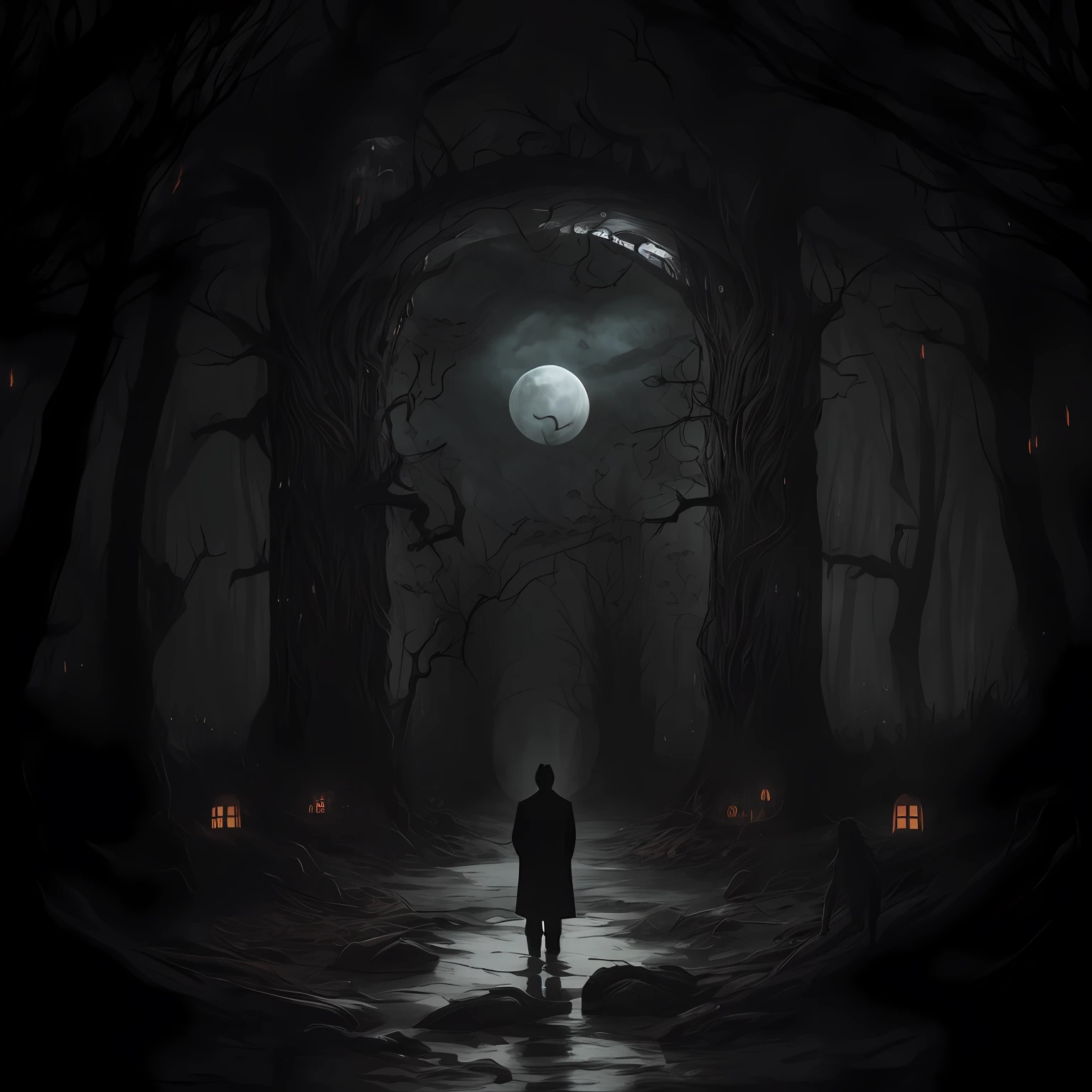 arafed image of a man standing in a dark forest with a full moon, an ominous fantasy illustration, surreal dark art, fantasy dark art, dark fantasy illustration, dark fantasy artwork, symmetrical epic fantasy art, dark fantasy style art, surreal dark fantasy, dark fantasy digital art, dark fantasy horror art, fantasy horror art, dark fantasy art