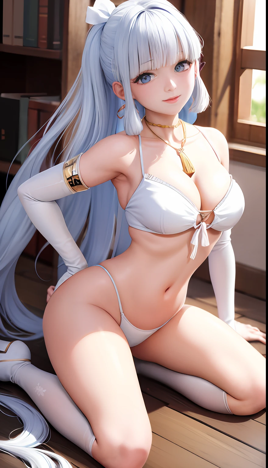 A woman in a white bikini and white stockings poses for a photo, Anime girl cosplay, Anime goddess, cosplay, elegant glamourous cosplay, Anime cosplay, Japanese goddess, Beautiful goddess, seductive anime girls, full-cosplay, Gorgeous Role Play, glamourous cosplay, cosplay foto, Ayaka cosplay, Beautiful teenage girl, a beautiful fantasy empress, dressed in a beautiful white, revealing outfit,(Big red snowflake tattoo on the lower abdomen)