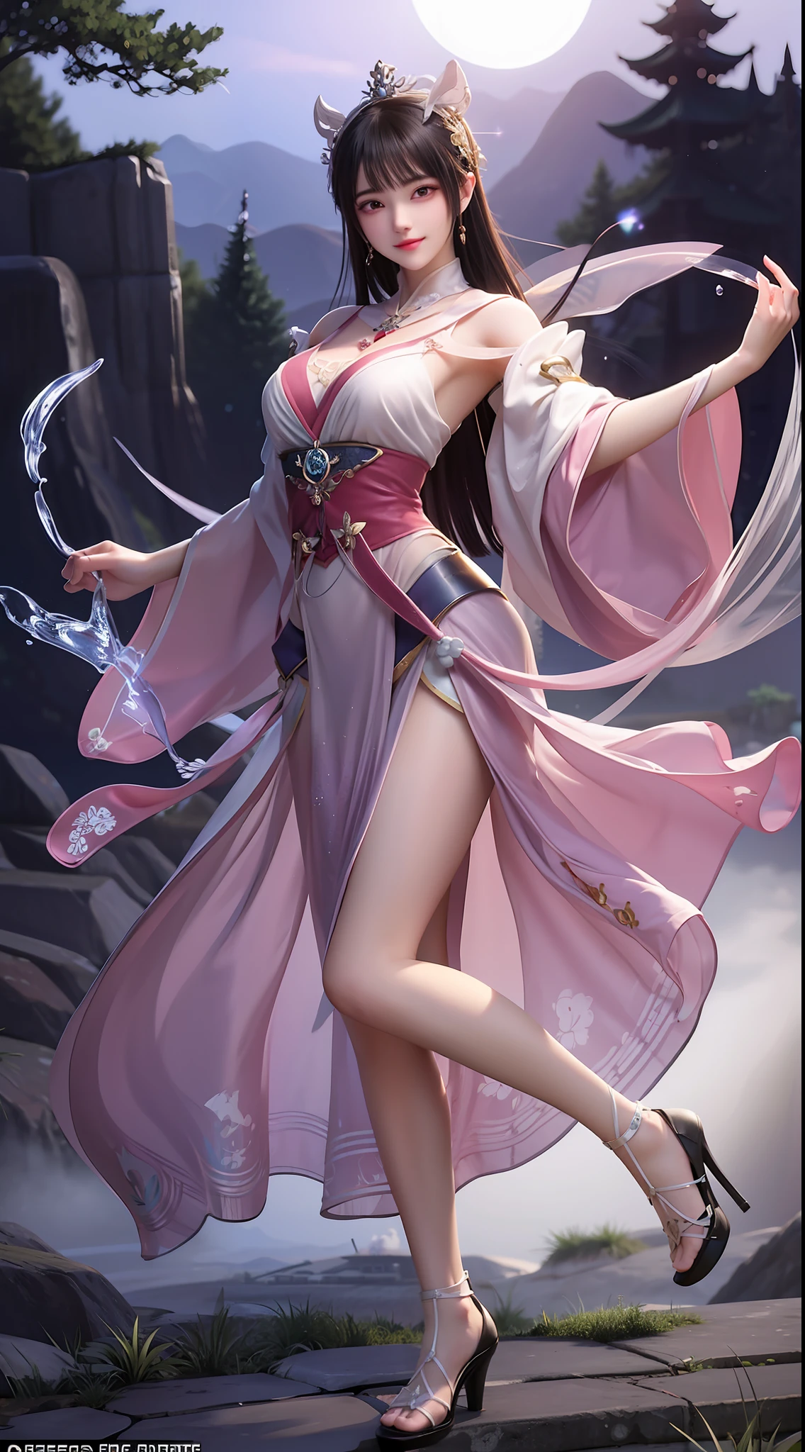 Moonlit landscape，The goddess in ancient costume dressed in Han costume is unique。Her gorgeous costumes sparkle，The skirt swayed in the breeze，It looks elegant and dynamic。There was a playful look in her eyes，It is as if you are at one with this tranquil nature。

The costume goddess wears a pair of fashionable high heels under her feet，It seems to be incompatible with her elegant temperament，But it invisibly adds a touch of mystery and sexiness。。。。Her feet were on the bluestone slab，It's like dancing on the ground，Grace at every step。

In the moonlight，The view is even more hazy and wonderful。Her figure danced in the moonlight，Fairy beauty。Her demeanor is playful and cute，It makes people want to get closer，Discover her inner secrets。

At this moment，Everything around seemed to be gone，Only this costume goddess and this beautiful landscape painting remain。She smiled，sport，All full of poetry，It's intoxicating，Can't extricate yourself。