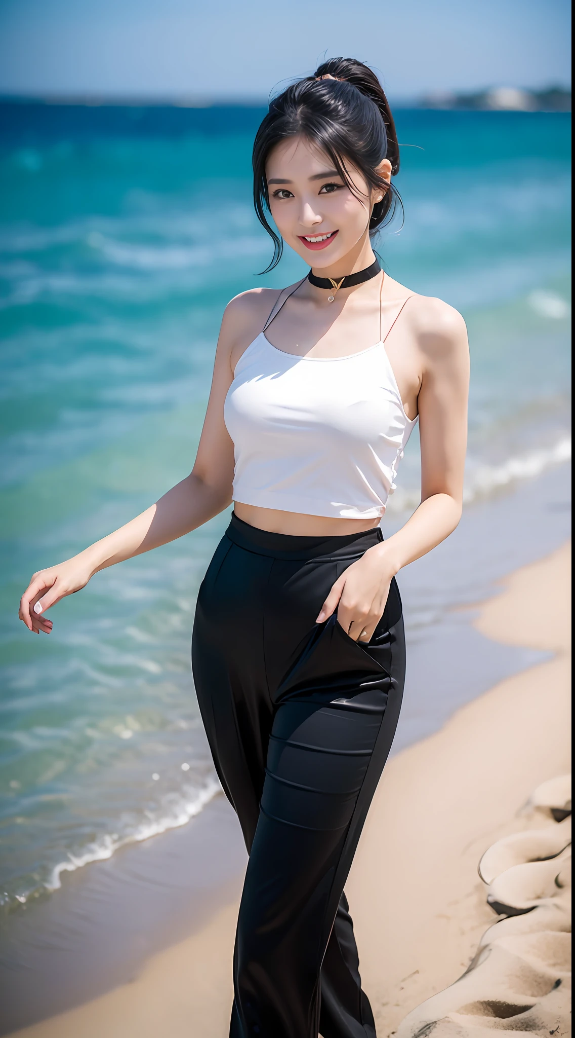 (best qualtiy，8K，32K，tmasterpiece，realisticlying，The is very detailed, hyper HD：1.2), 1girll，Star face，(fully body photo)，High ponytail，smiling expression，The skin is white and red, The eyes are bright and alert,Semi-curved eyebrows, Swallow red lip gloss, Hairpins,Jet black hair，Black silk wide-leg pants，White sexy slip top，gold choker，Prominent characters，sandbeach，ocean water，Background bokeh