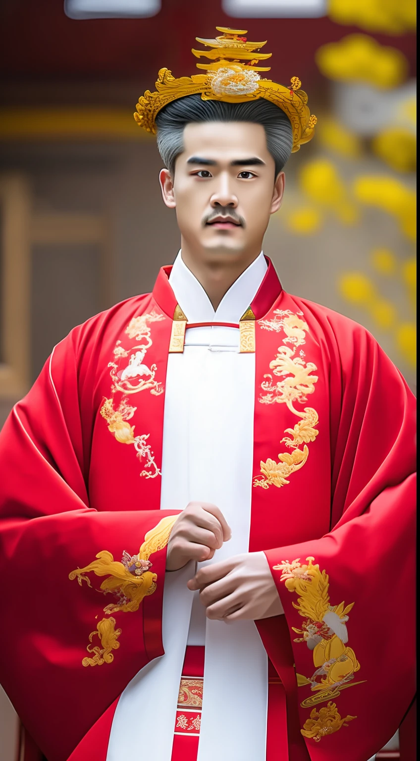 Masterpiece, Highest quality, (solofocus),, (High detail: 1.1),dojo,Red and yellow robes,The male, Man, chinese crown, 1人,and white hair,超高分辨率 , Detailed background, realisticlying, wearing a detailed and intricate xianxia antique outfit