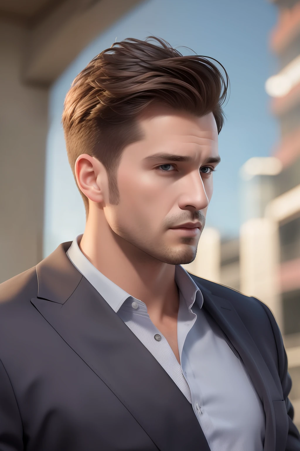 (masterpiece, best quality), 1 male, mature, aged up:1.4, tall muscular guy, broad shoulders, finely detailed eyes and detailed face, best ratio four finger and one thumb, best light and shadow, very short hair, undercut, mercenary, suit, morden urban landscape