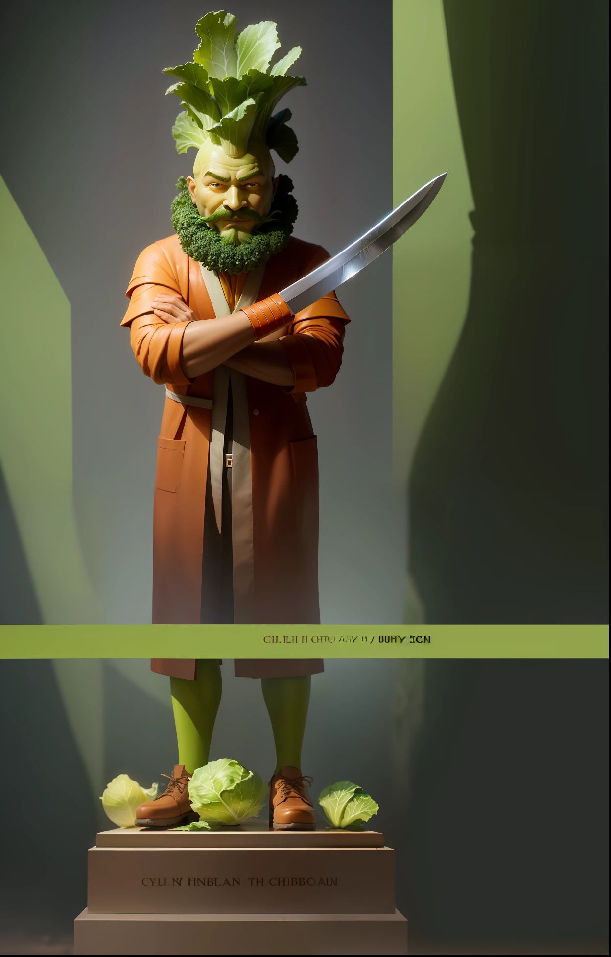 There is a statue of a man with a knife and a head of cabbage, inspired by Hu Zaobin, Celery Man, inspired by Li Kan, inspired by Choi Buk, As Chef of Cthulhu, onion man portrait, key art, Portrait of character, Inspired by François Barrault, Miyamoto Abduzeed, inspired by sung choi, best chef, Cabbage boots