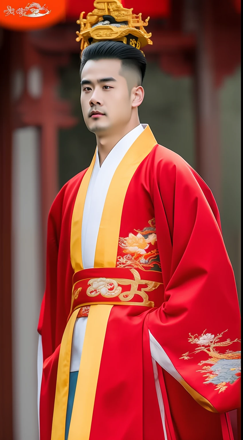 Masterpiece, Highest quality, (solofocus),, (High detail: 1.1),dojo，Red and yellow robes，The male， Man, chinese crown, 1人,and white hair,超高分辨率 , Detailed background, realisticlying, wearing a detailed and intricate xianxia antique outfit