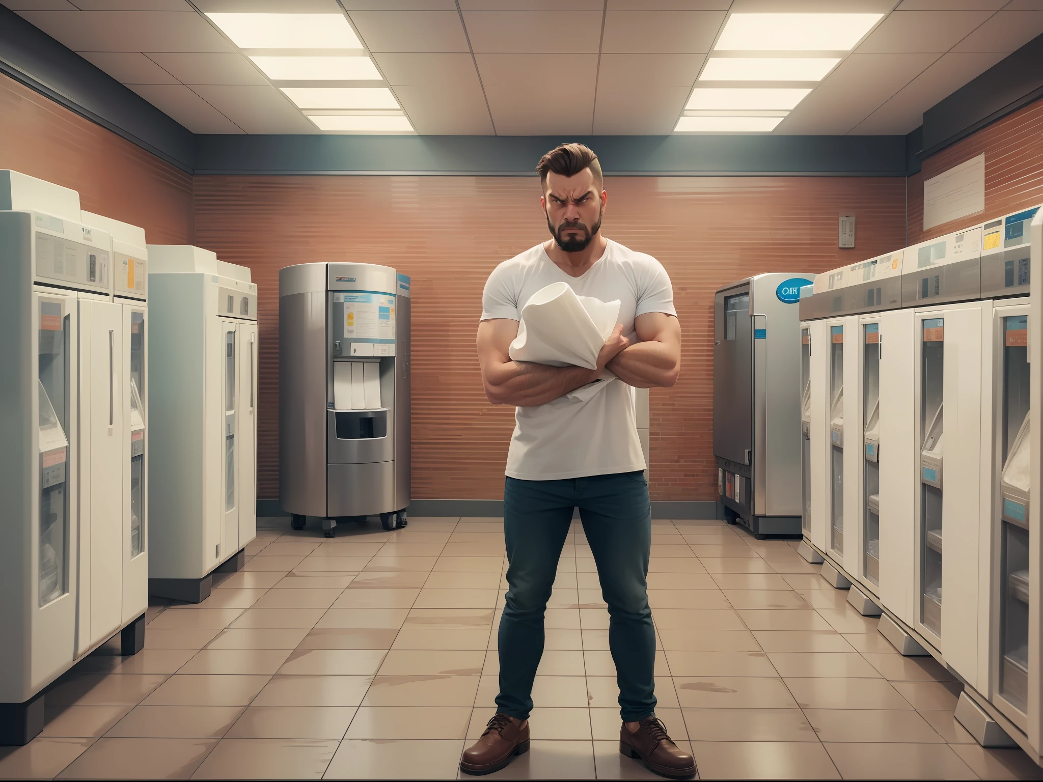 Man looking angry in front of an automatic paper towel dispenser holding a small amount of paper towels, Realistic, disco Rigido, 8k