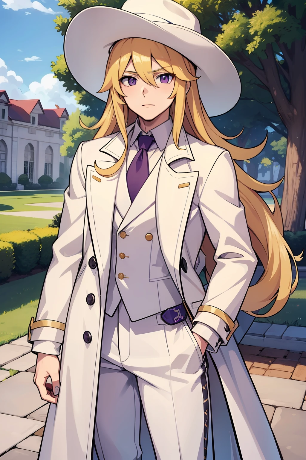 bust art of a anime boy, 1boy, long golden blonde hair, broad shoulders, strong athletic build, (purple eyes), (white cowboy hat), (white trench coat), (grey shirt), (dark pants), park scenery, pokemon boy, 24 years old, tall