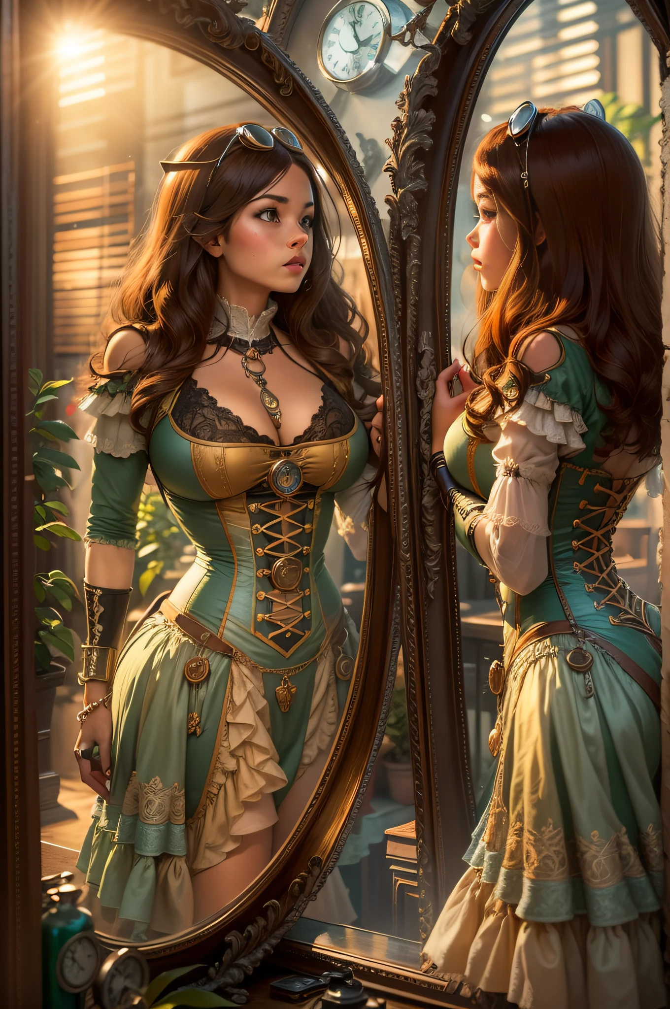 steampunk style, curvy girl, we see the girl looking at herself in a standing mirror, sunrise through the window