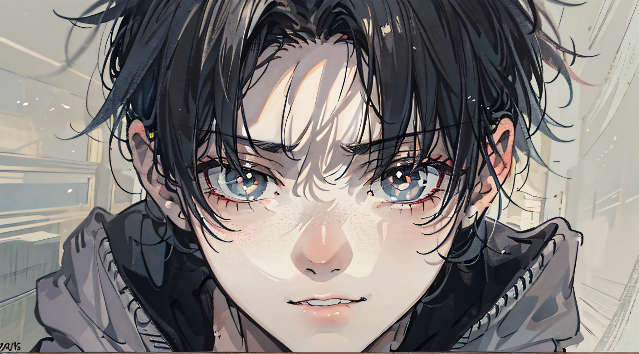 A 20-year-old boy，black color hair，Black pupils，Inside the corridor，front portrait，8K