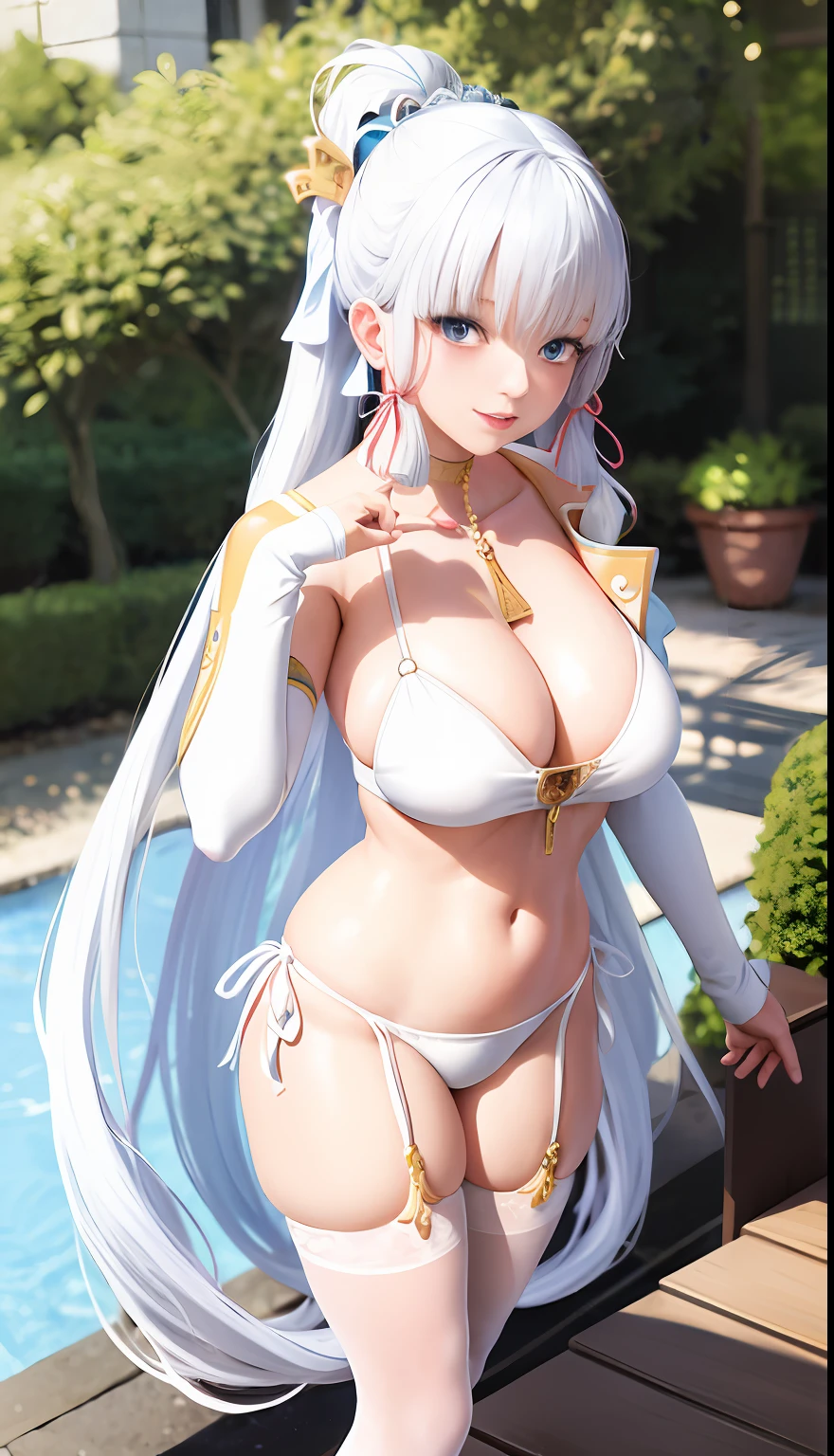 A woman in a white bikini and white stockings poses for a photo, Anime girl cosplay, Anime goddess, cosplay, elegant glamourous cosplay, Anime cosplay, Japanese goddess, Beautiful goddess, seductive anime girls, full-cosplay, Gorgeous Role Play, glamourous cosplay, cosplay foto, Ayaka cosplay, Beautiful age girl, a beautiful fantasy empress, dressed in a beautiful white, revealing outfit,(Big red snowflake tattoo on the lower abdomen)