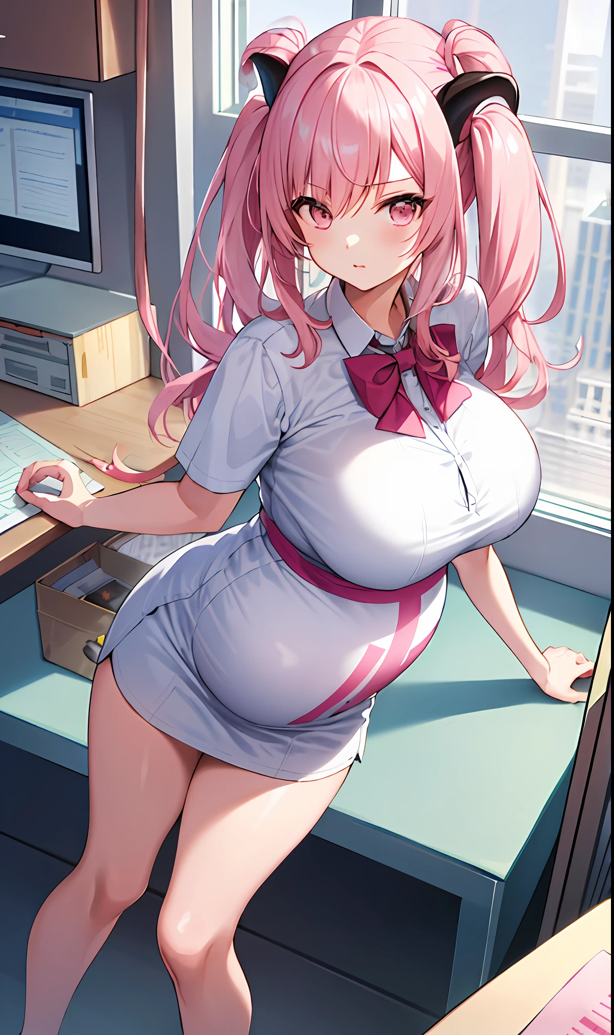 ((tmasterpiece,Need)),(1girl),((A MILF)),Light pink hair,big-areola,horn,((office lady)),By bangs,middlebreast,(plumw),slim,ssmile,[Wide hips],office,standing, aru \(blue archive\),，pregnant belly，Pregnant belly