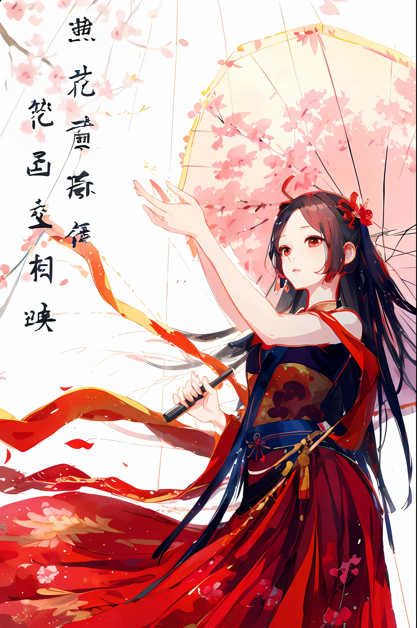 Anime girl in red dress waving umbrella, inspired by Ma Yuanyu, Inspired by Song Maojin, Palace , A girl in Hanfu, Chinese watercolor style, Middle Metaverse, author:Shitao, inspired by Li Mei-shu, inspired by Lü Ji, inspired by Du Qiong, inspired by Ju Lian