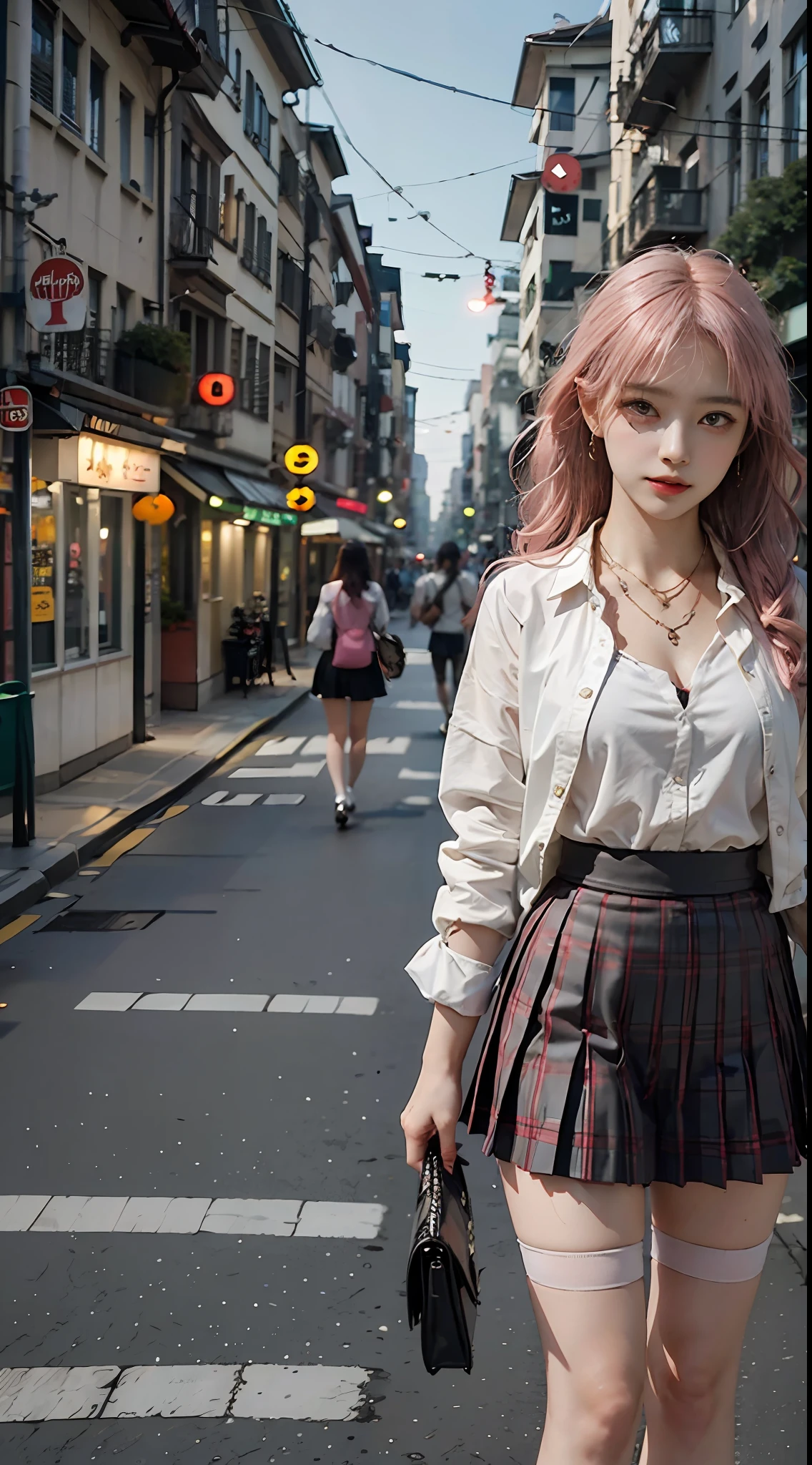 Masterpiece, 1 girl, waist up, faint smile, shiny skin, best quality, masterpiece, (realistic: 1.4), school uniform, pleated skirt, black stockings, background blur, focal length on person, (large aperture: 1.2), pink hair, necklace, earrings, japanese street, night