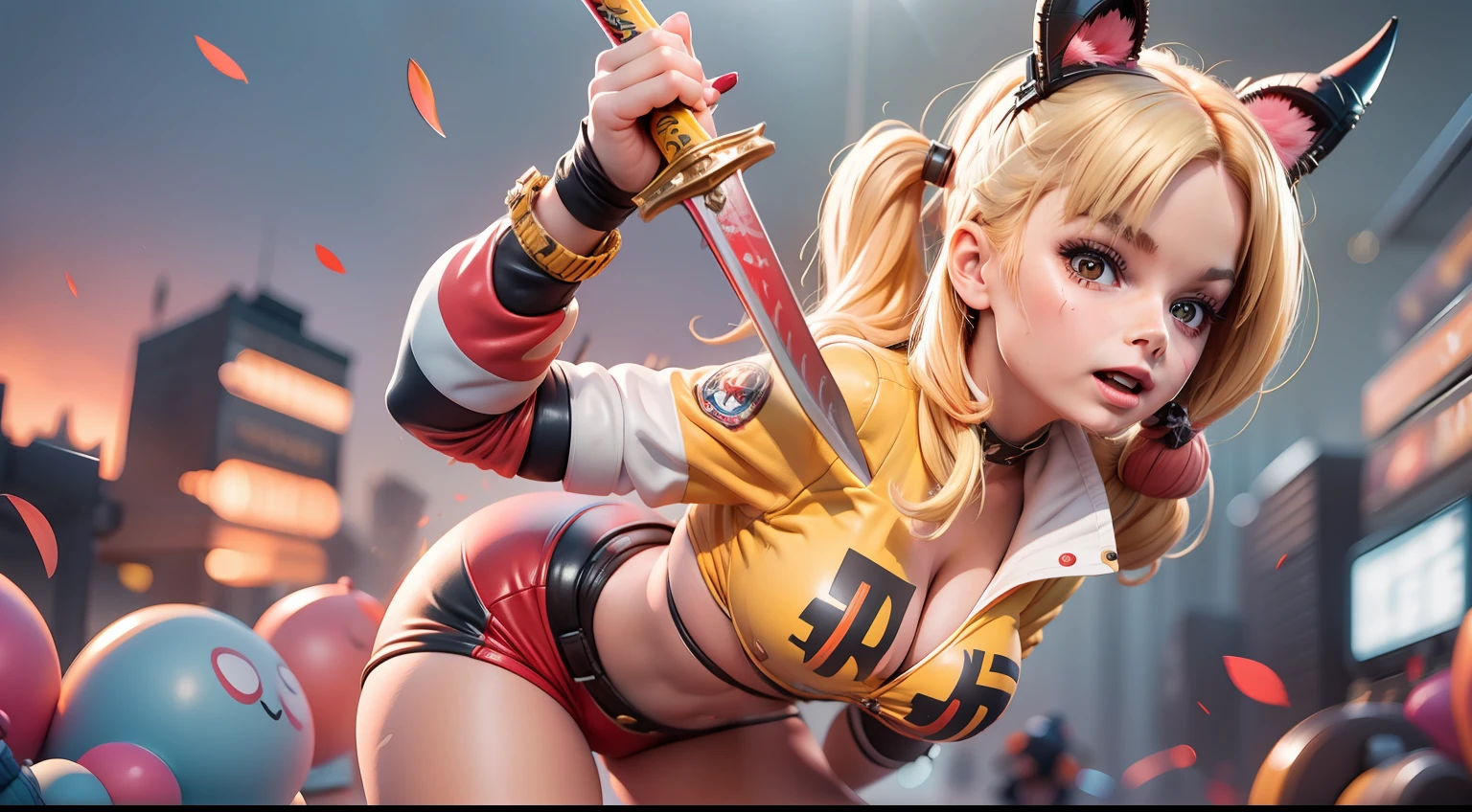 7-year-old Margot Robbie as Harley Quinn in yellow sweatshirt, (full body:1.2), 1girl, advancing into battle with a sword