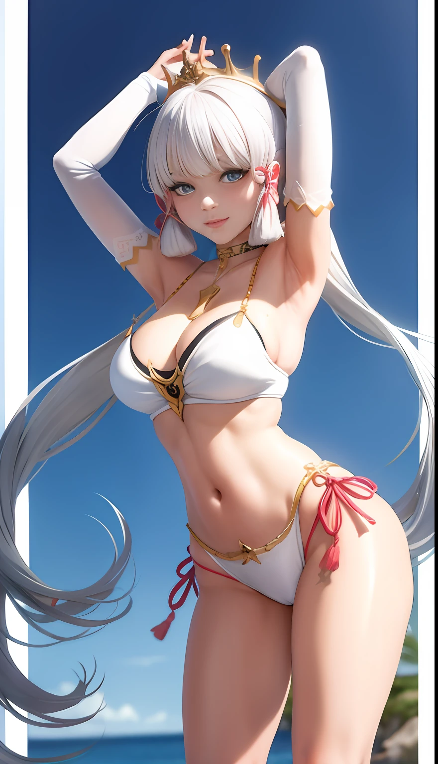 A woman in a white bikini and white stockings poses for a photo, Anime girl cosplay, Anime goddess, cosplay, elegant glamourous cosplay, Anime cosplay, Japanese goddess, Beautiful goddess, seductive anime girls, full-cosplay, Gorgeous Role Play, glamourous cosplay, cosplay foto, Ayaka cosplay, Beautiful teenage girl, a beautiful fantasy empress, dressed in a beautiful white, revealing outfit，（Big red snowflake tattoo on the lower abdomen）