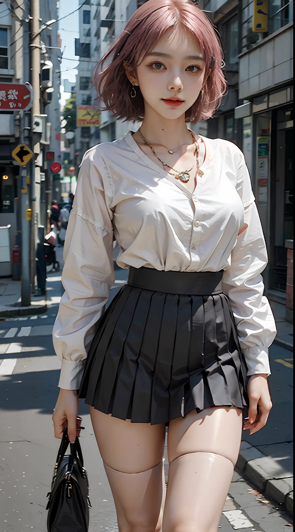 Masterpiece, 1 girl, waist up, faint smile, shiny skin, best quality, masterpiece, (realistic: 1.4), school uniform, pleated skirt, black stockings, background blur, focal length on person, (large aperture: 1.2), pink hair, necklace, earrings, japanese street, night