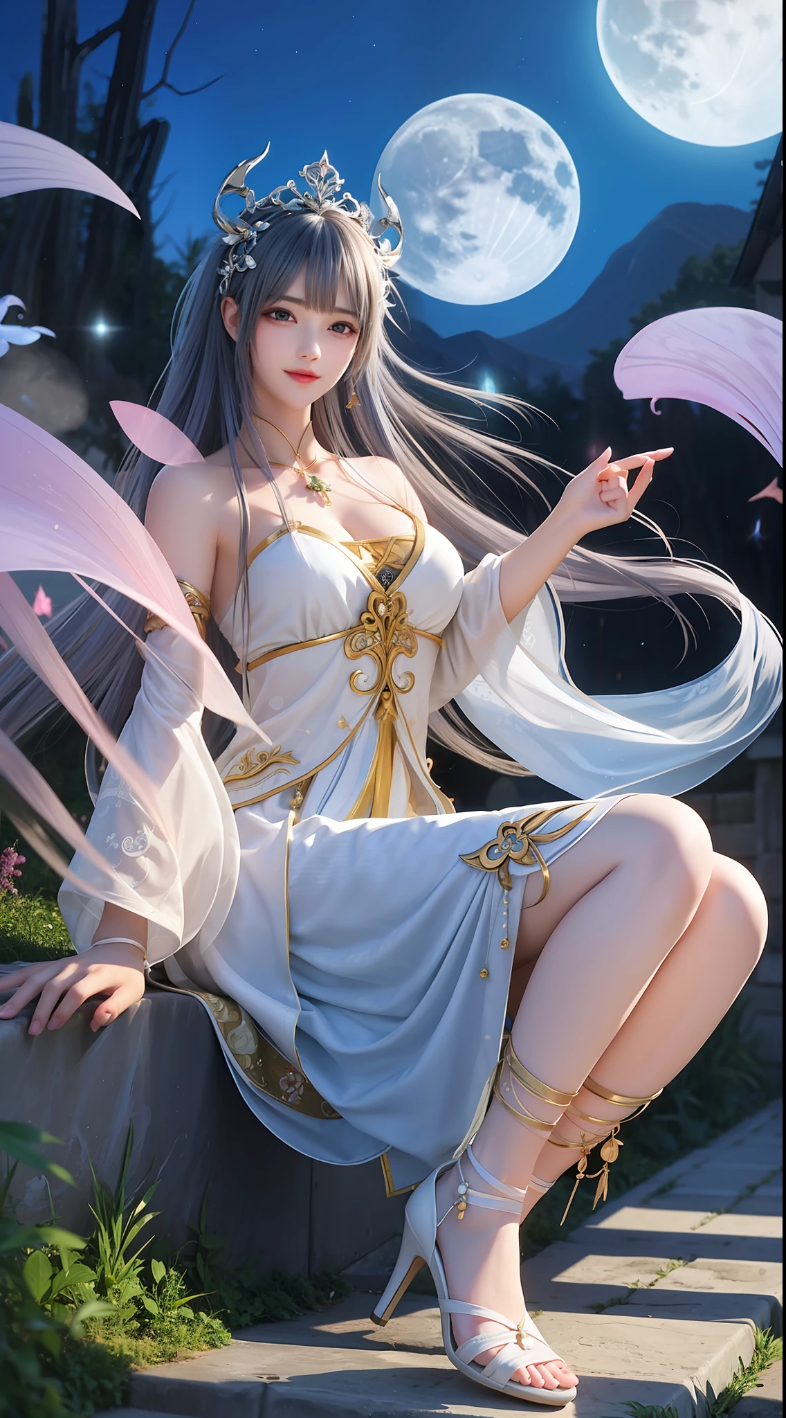 Moonlit landscape，The goddess in ancient costume dressed in Han costume is unique。Her gorgeous costumes sparkle，The skirt swayed in the breeze，It looks elegant and dynamic。There was a playful look in her eyes，It is as if you are at one with this tranquil nature。

The costume goddess wears a pair of fashionable high heels under her feet，It seems to be incompatible with her elegant temperament，But it invisibly adds a touch of mystery and sexiness。。。。。。Her feet were on the bluestone slab，It's like dancing on the ground，Grace at every step。

In the moonlight，The view is more hazy and wonderful。Her figure danced in the moonlight，Fairy beauty。Her demeanor is playful and cute，It makes people want to get closer，Discover her inner secrets。

At this moment，Everything around seemed to be gone，Only this costume goddess and this beautiful landscape painting remain。She smiled，sport，All full of poetry，It's intoxicating，Can't extricate yourself。