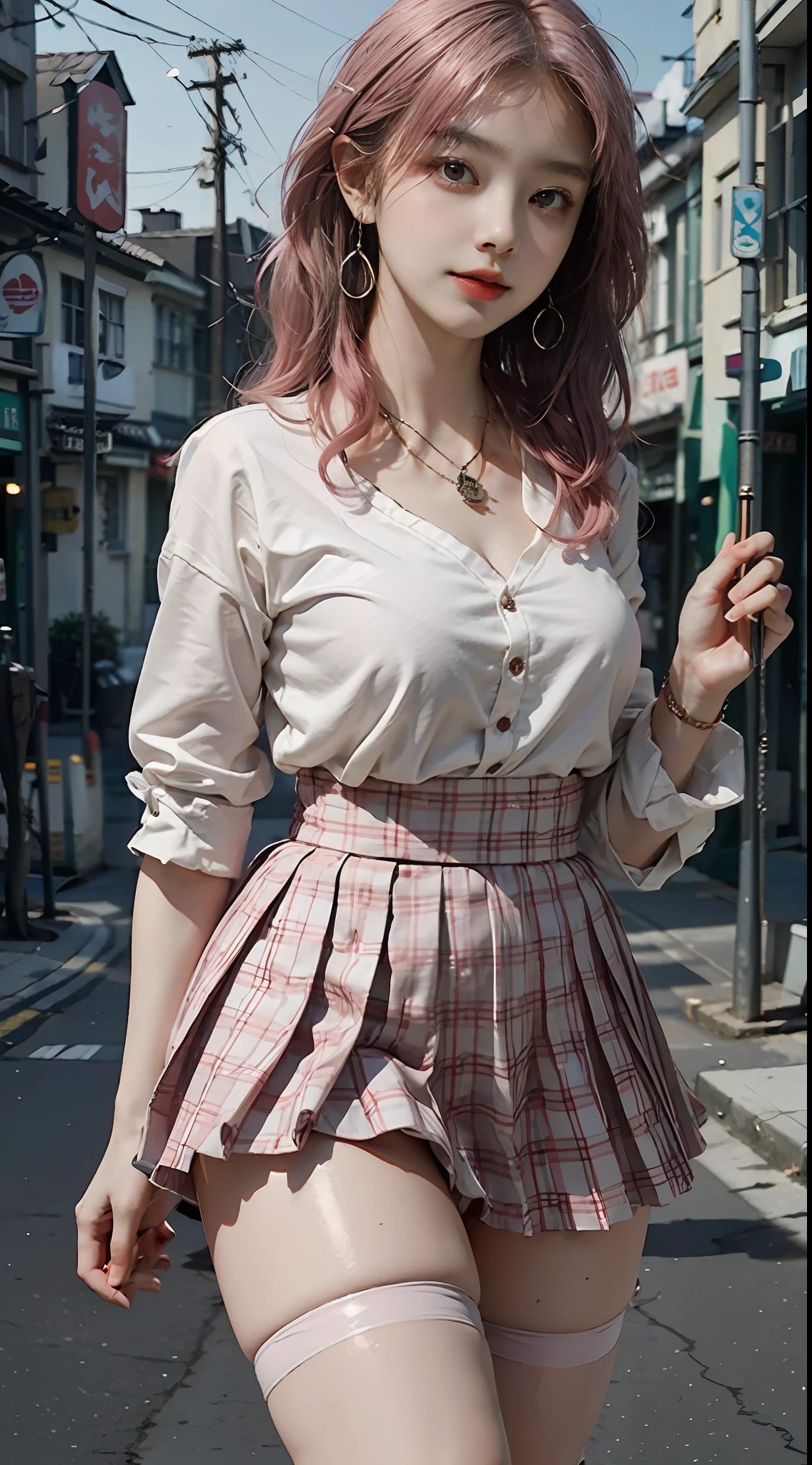 Masterpiece, 1 girl, waist up, faint smile, shiny skin, best quality, masterpiece, (realistic: 1.4), school uniform, pleated skirt, black stockings, background blur, focal length on person, (large aperture: 1.2), pink hair, necklace, earrings, japanese street, night