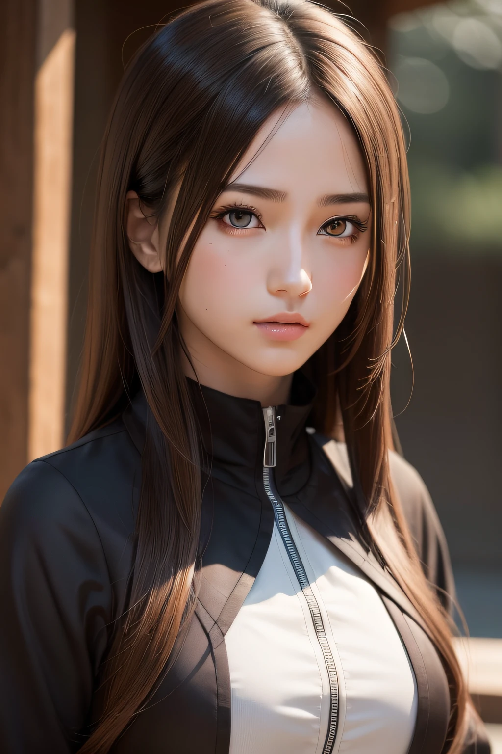 best quality, masterpiece, (realistic:1.2), 1 girl, brown hair, brown eyes,Front, detailed face, beautiful Uchiha eyes, Akatsuki suit