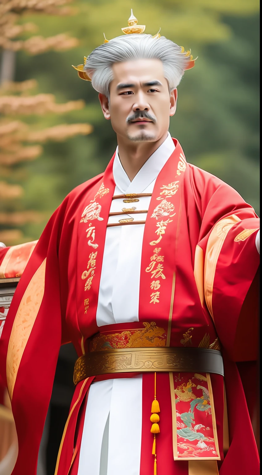Masterpiece, Highest quality, (solofocus),, (High detail: 1.1),dojo,Red and yellow robes,The male, Man, chinese crown, 1人,and white hair,超高分辨率 , Detailed background, realisticlying, wearing a detailed and intricate xianxia antique outfit