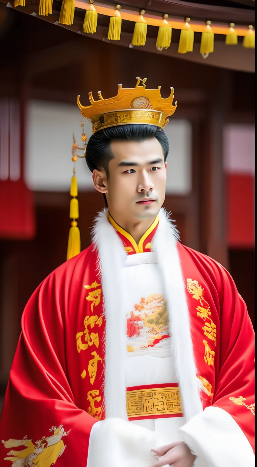 Masterpiece, Highest quality, (solofocus),, (High detail: 1.1),dojo,Red and yellow robes,The male, Man, chinese crown, 1人,and white hair,超高分辨率 , Detailed background, realisticlying, wearing a detailed and intricate xianxia antique outfit