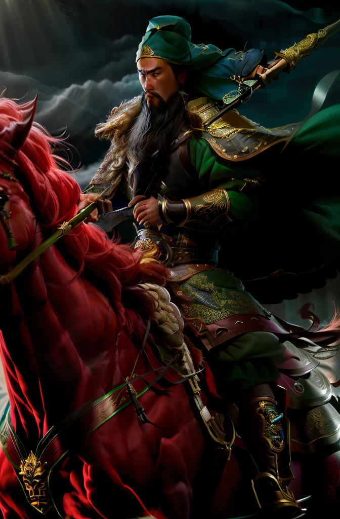 RAW photo, *subject*, (highdetailskin:1.2), 8K  UHD, Digital SLR, Soft lighting, High quality, filmgrain, Fujifilm XT3,(Photorealism:1.3),aestheticism,[Chinese],Highly detailed,of a guy，Guan Gong，Weapon in hand，Green Dragon Moon Knife，Stand by the horse