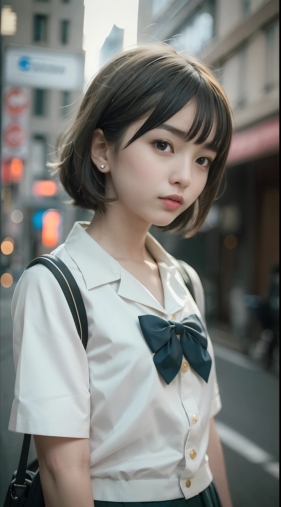 (8k, RAW photo, best quality, mastery:1.3),(realistic,photo-realistic:1.37),(looking viewer:1.331),(green
hair), posing, Tokyo street, cyberpunk city, soft light, 1girl, extremely beautiful face, hands down, hairstyle casual, expression casual, big eyes, lower abdomen, (short sleeve JK_shirt), JK_style, (green JK_skirt), (bow JK_tie), mix4, full body, full body photo