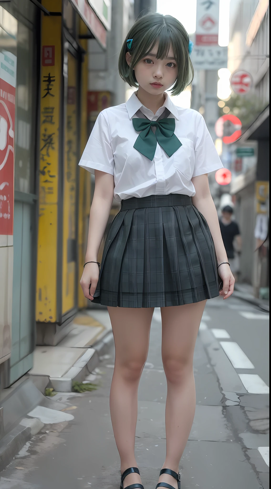 (8k, RAW photo, best quality, mastery:1.3),(realistic,photo-realistic:1.37),(looking viewer:1.331),(green 
 hair), posing, Tokyo street, cyberpunk city, soft light, 1girl, extremely beautiful face, hands down, hairstyle casual, expression casual, big eyes, lower abdomen, (short sleeve JK_shirt), JK_style, (green JK_skirt), (bow JK_tie), mix4, full body, full body photo