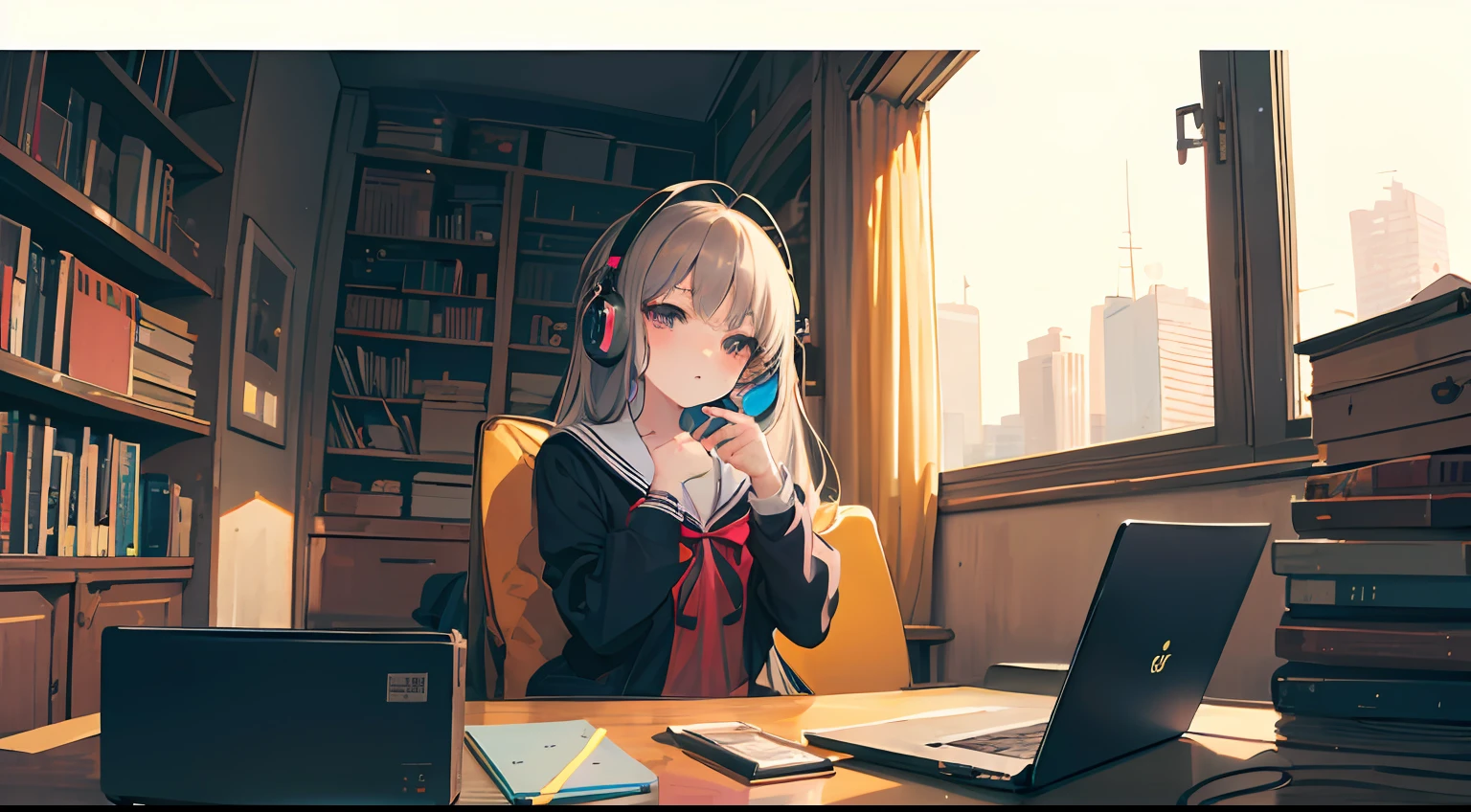 Anime girl with headphones sitting on laptop table, lofi-girl, lofi artstyle, lofi art, lofi vibes, lofi feel, hi-school girl、校服、lofi hip hop, lofi, chillhop, lofi girl aesthetic, lofi portrait, Lofivibe, lofi color, anime vibes, The aesthetics of the lofi