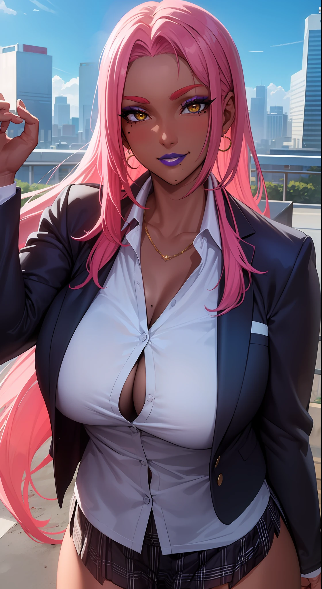 (masterpiece, highres, best quality:1.3), 8K, highly detailed, intricate, colorful, vibrant image, sharp focus, digital blending, 4K, trending on pixiv Ingrid, ((school uniform)), solo, mature female, 40yo, milf, curvy, (dark skinned female:1.15), dark skin, posing, sunny weather, blue sky, skyscrapers, (happy, smirk look:1.2), looking at viewer, cowboy shot, pink hair, very long hair, forehead, hair intakes, purple lipstick, makeup, mole under mouth, yellow eyes, perfect eyes, perfect face, ultra detailed hair, ultra detailed face, earrings, ultra detailed lips, large breasts, ultra detailed lipstick, semi-realistic lips,