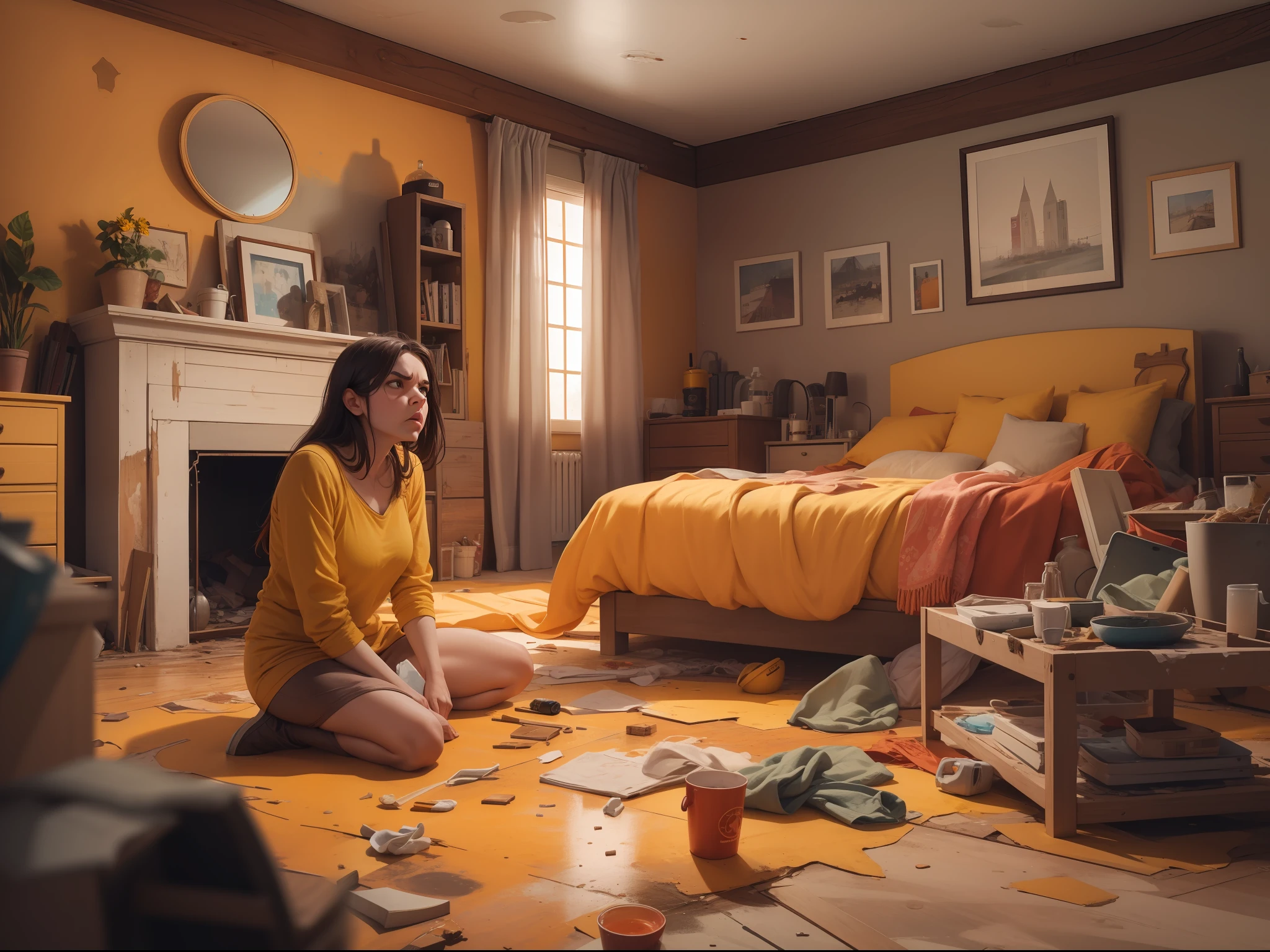 Woman looking angry looking at the messy house, usando uma luva amarela de borracha para limpeza, realistica, 8k, obra prima