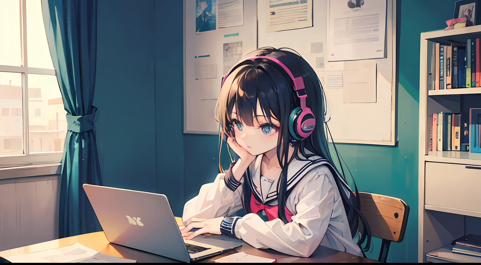 Anime girl with headphones sitting on laptop table, lofi-girl, lofi artstyle, lofi art, lofi vibes, lofi feel, hi-school girl、校服、lofi hip hop, lofi, chillhop, lofi girl aesthetic, lofi portrait, Lofivibe, lofi color, anime vibes, The aesthetics of the lofi