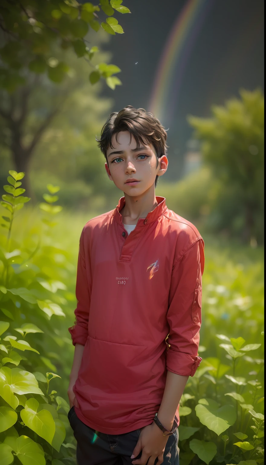 (((Rainbow Daytime Sky)), 10 years old boy, towards the future, masterpiece, highest quality, ((Photorealistic: 1.4)) Masterpiece, illustration, very delicate and beautiful, highly detailed CG, 8k wallpaper, amazing, fine detail, highly detailed CG Unity 8k wallpaper, huge file size, super detail, ultra high resolution, high resolution, very detail, (( Very detailed eyes and face)), beautiful detailed eyes, very detailed face, perfect lighting, face light, natural colors, ((10-year-old boy)), departure, (rough style with the whole body including both legs)), the future is bright, (((rainbow daytime sky)), lights from the front, glowing eyes,