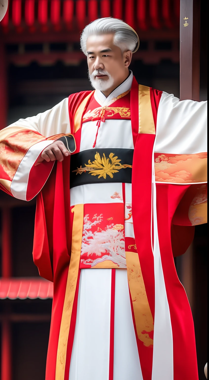 Masterpiece, Highest quality, (solofocus),, (High detail: 1.1),dojo，Red and yellow robes，The male， Man, chinese crown, 1人,and white hair,超高分辨率 , Detailed background, realisticlying, wearing a detailed and intricate xianxia antique outfit