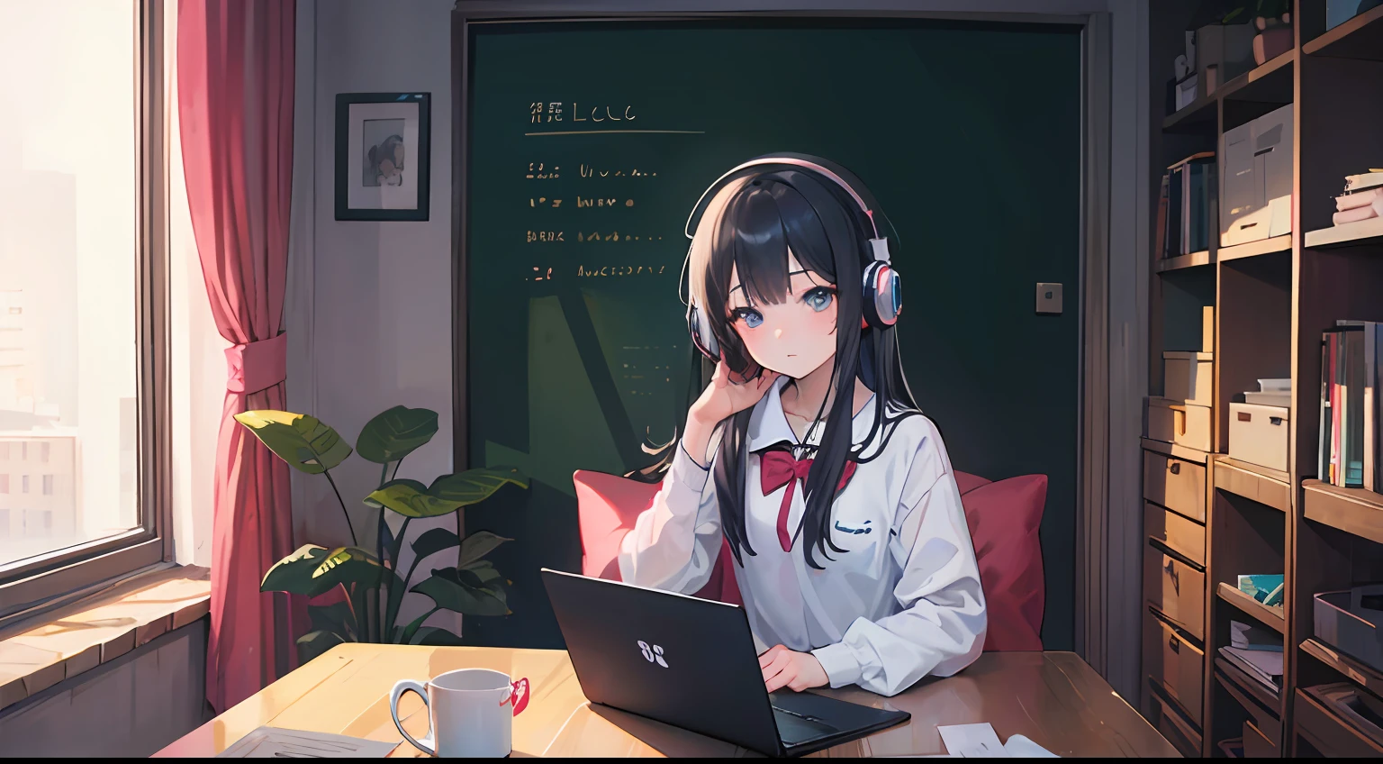 Anime girl with headphones sitting on laptop table, lofi-girl, lofi artstyle, lofi art, lofi vibes, lofi feel, hi-school girl、校服、lofi hip hop, lofi, chillhop, lofi girl aesthetic, lofi portrait, Lofivibe, lofi color, anime vibes, The aesthetics of the lofi