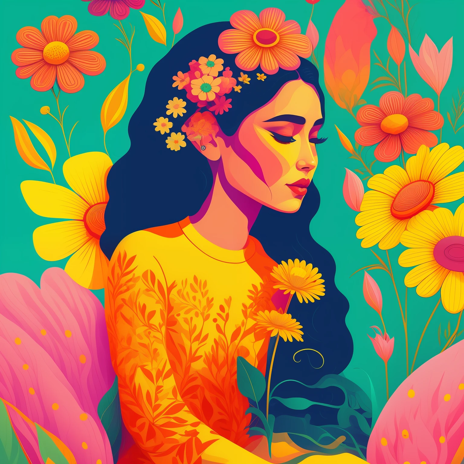 a close up of a woman sitting on a bench with a flower, jen bartel, poster illustration, colorful illustration, colorfull illustration, illustrated poster, inspired by Milton Glaser, by Kaja Foglio, by Jeka Kemp, lofi portrait, color portrait, by Natasha Tan, digital art illustration, digital illustration, by Juan Villafuerte, adobe illustrator art