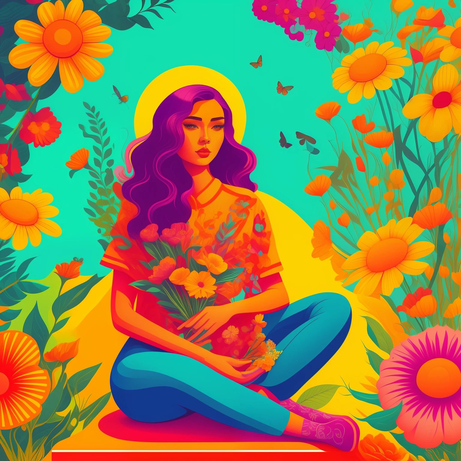 a close up of a woman sitting on a bench with a flower, jen bartel, poster illustration, colorful illustration, colorfull illustration, illustrated poster, inspired by Milton Glaser, by Kaja Foglio, by Jeka Kemp, lofi portrait, color portrait, by Natasha Tan, digital art illustration, digital illustration, by Juan Villafuerte, adobe illustrator art