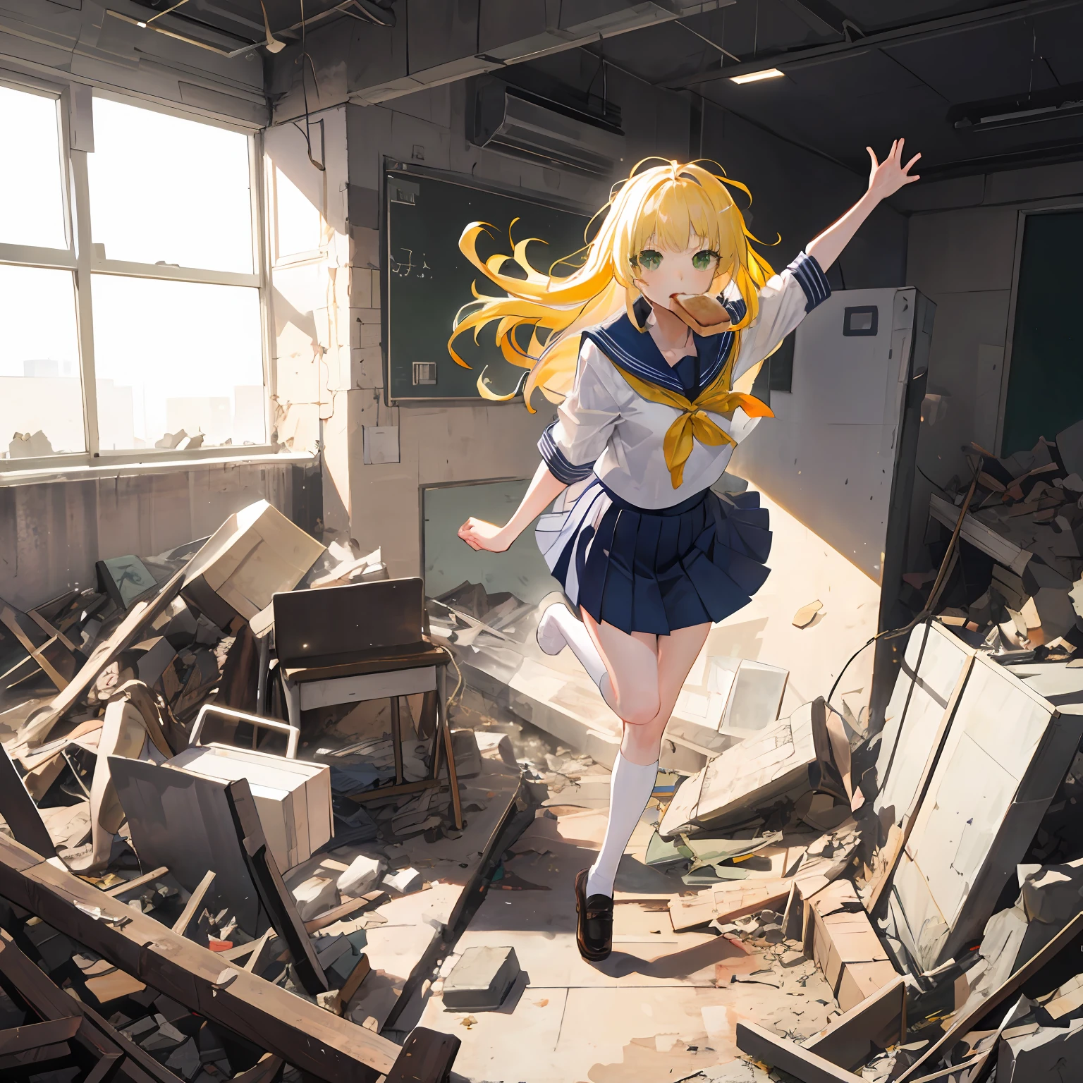 classroom ,falling girl,solo,Yellow hair,long hair,messy hair,green eyes,serafuku,toast in mouth,rubble