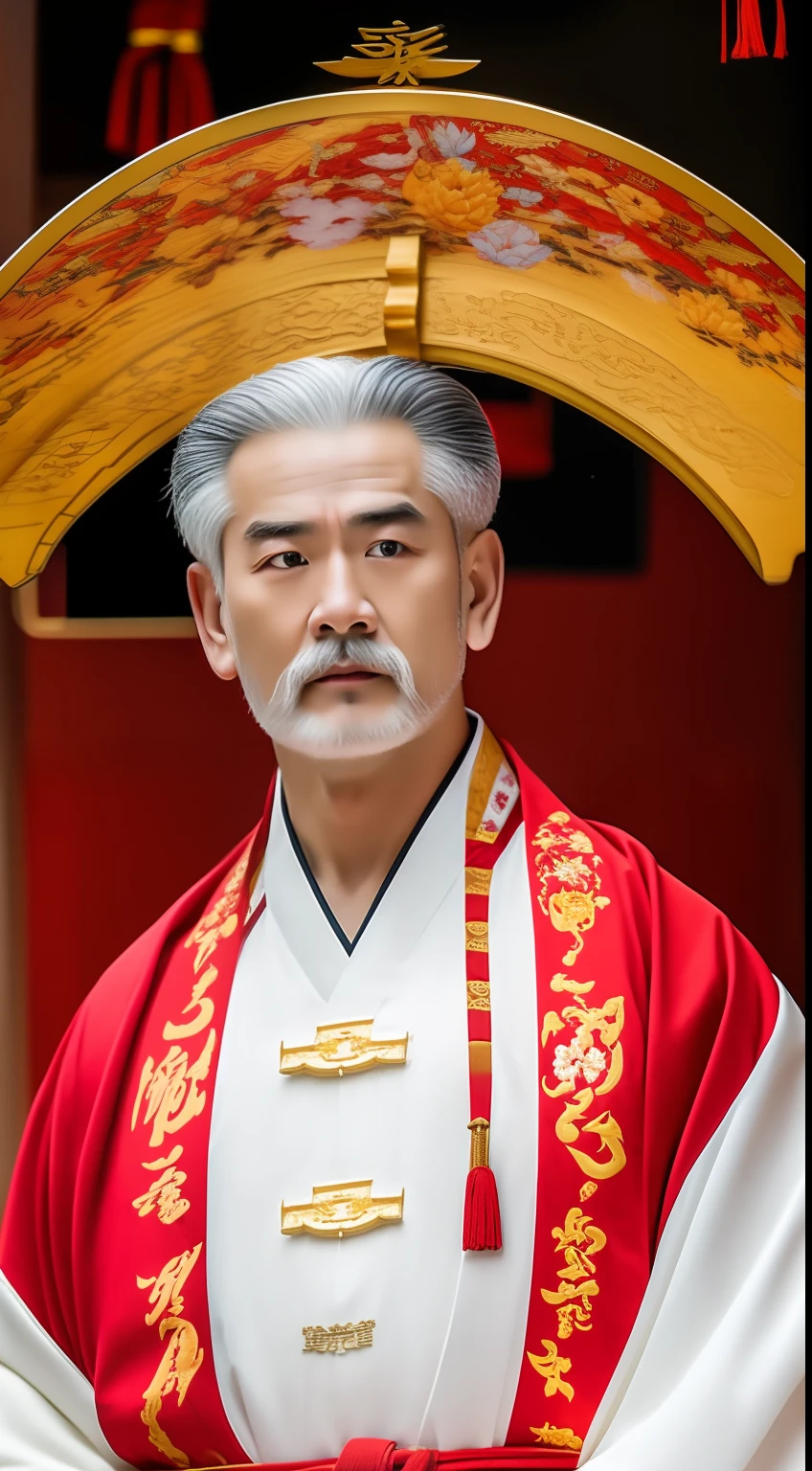 Masterpiece, Highest quality, (solofocus),, (High detail: 1.1),dojo，Red and yellow robes，The male， Man, chinese crown, 1人,and white hair,超高分辨率 , Detailed background, realisticlying, wearing a detailed and intricate xianxia antique outfit
