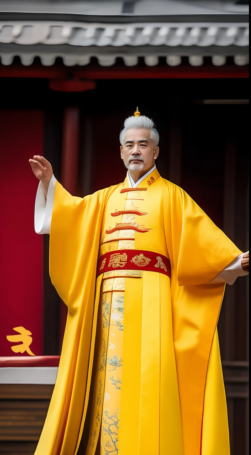 Masterpiece, Highest quality, (solofocus),, (High detail: 1.1),dojo,Red and yellow robes,The male, Man, chinese crown, 1人,and white hair,超高分辨率 , Detailed background, realisticlying, wearing a detailed and intricate xianxia antique outfit