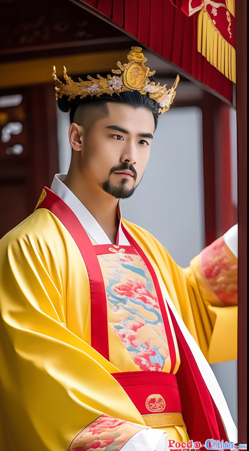 Masterpiece, Highest quality, (solofocus),, (High detail: 1.1),dojo,Red and yellow robes,The male, Man, chinese crown, 1人,and white hair,超高分辨率 , Detailed background, realisticlying, wearing a detailed and intricate xianxia antique outfit