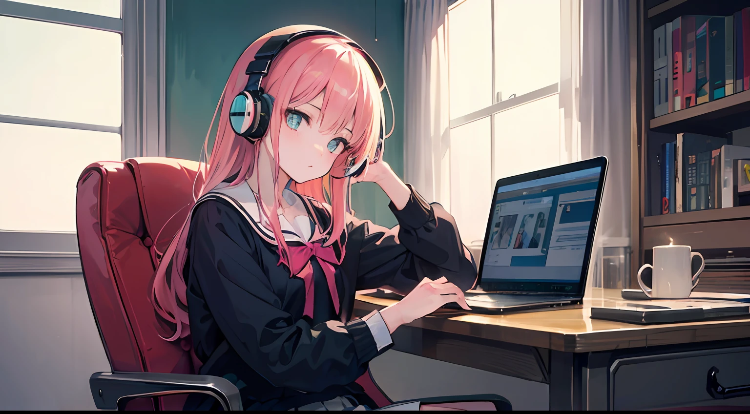 Anime girl with headphones sitting on laptop table, lofi-girl, lofi artstyle, lofi art, lofi vibes, lofi feel, hi-school girl、校服、lofi hip hop, lofi, chillhop, lofi girl aesthetic, lofi portrait, Lofivibe, lofi color, anime vibes, The aesthetics of the lofi