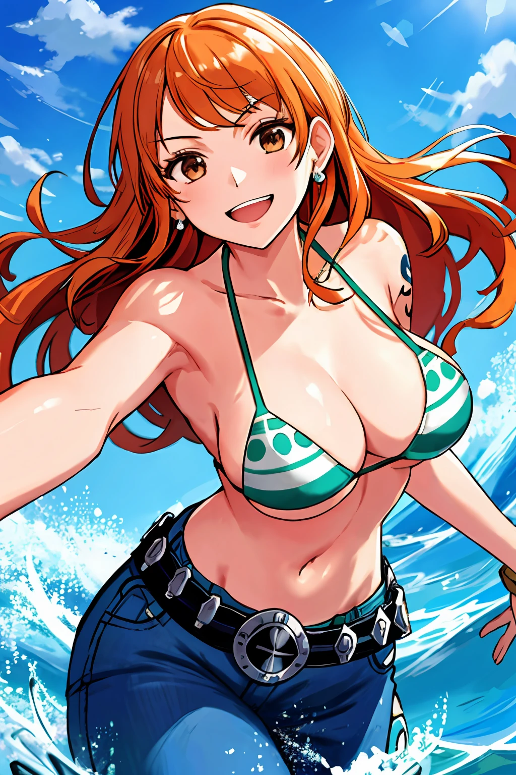 detailed background, masterpiece, 4k, epic, best quality, cheerful, late youth, adult, milf, athlete body, 1girl, active, energic, ((wide open mouth, folded legs, smile, lying on the ground, fully lying down, open eyes, hands spread sideway, jumping)) , solo, nami \(one piece\), 1girl, bangle, (very missy hair, tired, open mouth, feeling hot, tilting head, both hands spreadeagled, serious, hurt, glaring, open eyes, looking up, perfect detailed face, detailed round face) bold drawing lines, muscular arms, detailed bold body lines, flat jaw, adult woman, (wavy wide streaked bangs, floating bang, long left bangs ) (big cheeks), bare shoulders, off-shoulders, belt, bikini, bikini top only, blue sky, bracelet, springy breasts, breast lines, big round eyes, very big brown shiny eyes, bubbles, high eye position, cleavage, cloud, day, denim, earrings, floating hair, wavy hair, shiny hair, green belt, green bikini, bold groin lines, long jeans, jewelry, medium breasts, log pose, long hair, looking at viewer, long navel, wet hair, orange hair, pants, shoulder tattoo, sidelocks, sky, solo, stomach, swimsuit, tattoo, detailed left arm, big forehead, hourglass figure, small head, toned body, wide hair, wind effect, sun effect, under the sun, narrow small ears angle, older, straight shot, water splashes