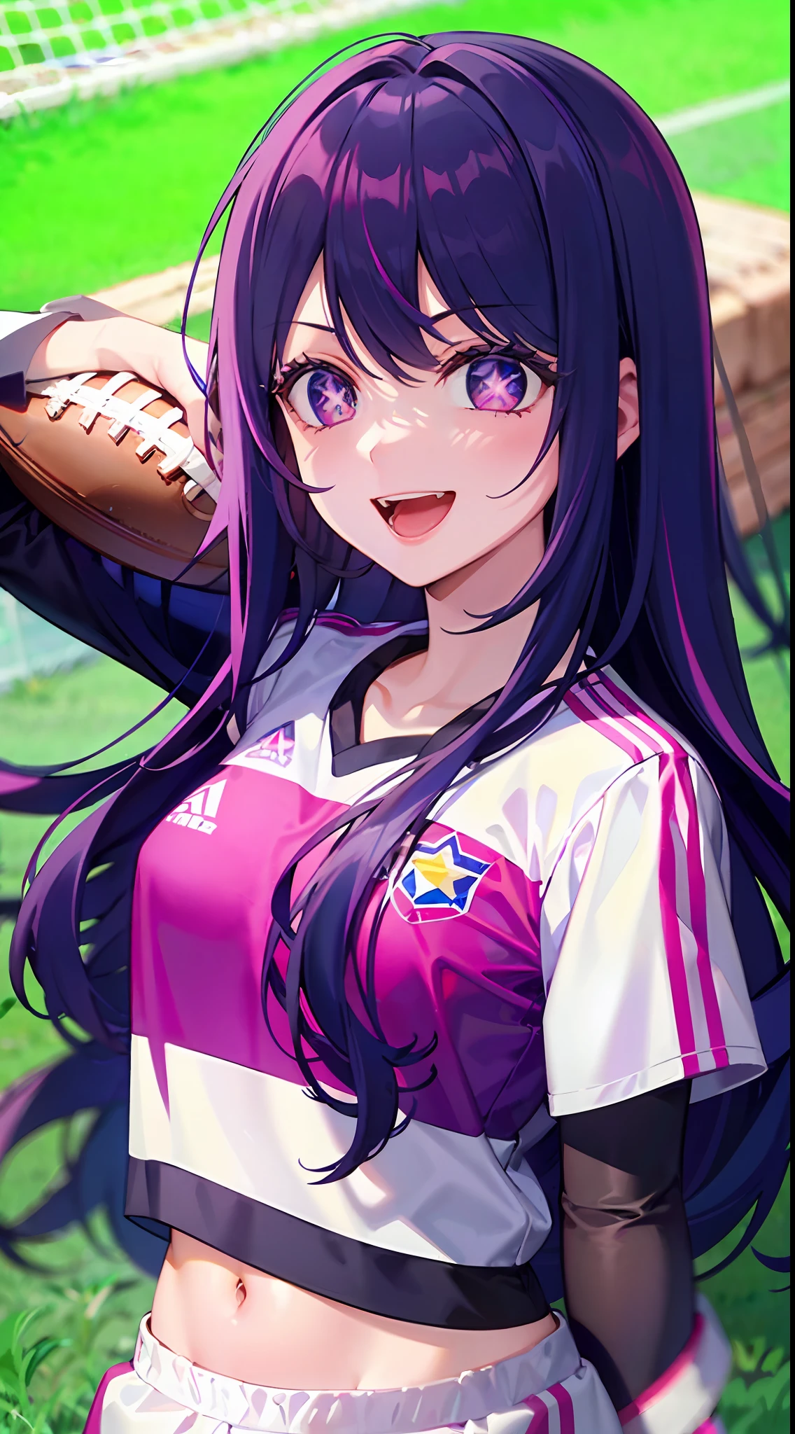 1girll，（（There is a five-pointed star in the eye））Gorgeous Hair in Long Purple，play soccer，Football sportswear，large lawn，Smile，Open mouth