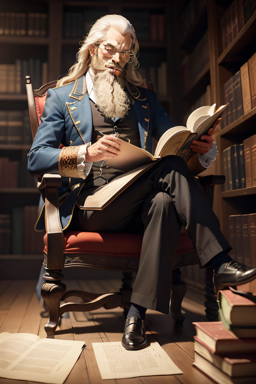 Criar uma persona vetorizada para um influente pensador iluminista. description: Draw a picture of a philosopher dressed in typical 18th-century costumes, with an Evil expression with a long beard, symbolizing his role as a prolific writer. Destacar elementos como livros antigos, um tinteiro com uma pena, and perhaps a library setting in the background to convey the spirit of the Enlightenment and put the character on his feet