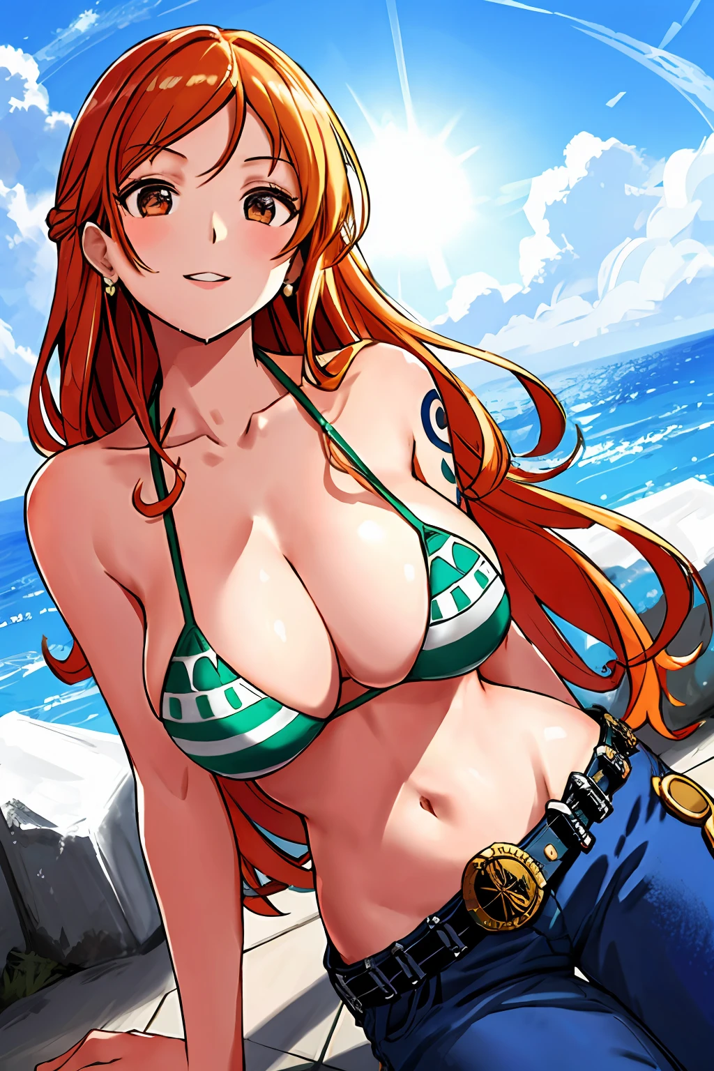 detailed background, masterpiece, 4k, epic, best quality, cheerful, late youth, adult, milf, athlete body, 1girl, active, energic, ((wide open mouth, folded legs, smile, lying on the ground, fully lying down, open eyes, hands spread sideway, jumping)) , solo, nami \(one piece\), 1girl, bangle, (very missy hair, tired, open mouth, feeling hot, tilting head, both hands spreadeagled, serious, hurt, glaring, open eyes, looking up, perfect detailed face, detailed round face) bold drawing lines, muscular arms, detailed bold body lines, flat jaw, adult woman, (wavy wide streaked bangs, floating bang, long left bangs ) (big cheeks), bare shoulders, off-shoulders, belt, bikini, bikini top only, blue sky, bracelet, springy breasts, breast lines, big round eyes, very big brown shiny eyes, bubbles, high eye position, cleavage, cloud, day, denim, earrings, floating hair, wavy hair, shiny hair, green belt, green bikini, bold groin lines, long jeans, jewelry, medium breasts, log pose, long hair, looking at viewer, long navel, wet hair, orange hair, pants, shoulder tattoo, sidelocks, sky, solo, stomach, swimsuit, tattoo, detailed left arm, big forehead, hourglass figure, small head, toned body, wide hair, wind effect, sun effect, under the sun, narrow small ears angle, older, straight shot, water splashes
