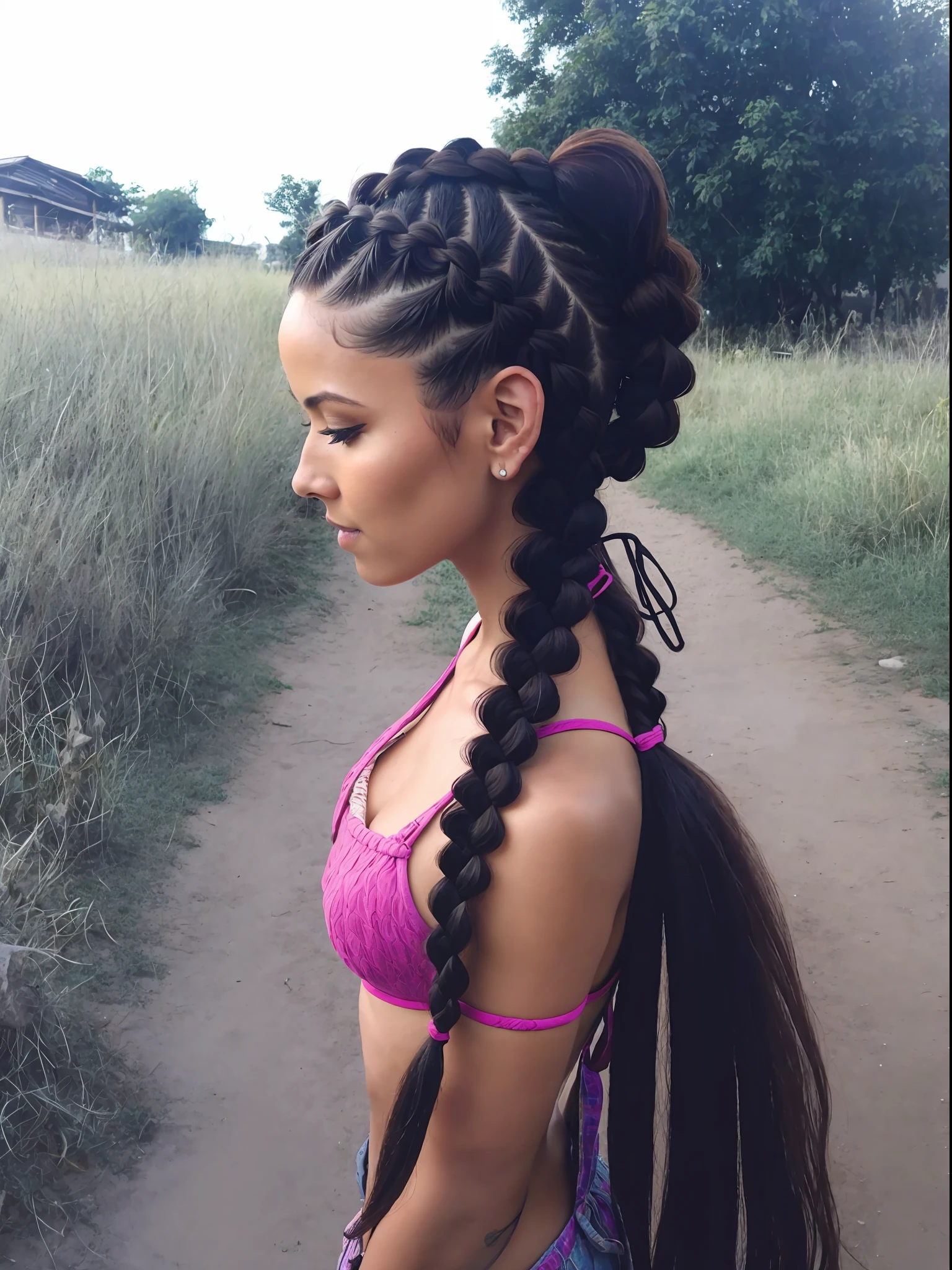 mulher arafed com uma mochila e uma mochila em uma estrada de terra, long dark braid hair, rabo de porco longo, long braided hair on top of head, long black braided hair, long braided black hair, black hair in braids, braided hair. Nightime, penteado selvagem, plaits, long braided hair, penteado pigtails, braided brown hair, pigtail braids, (((Directed by: Lee Jeffreis))), Raw.